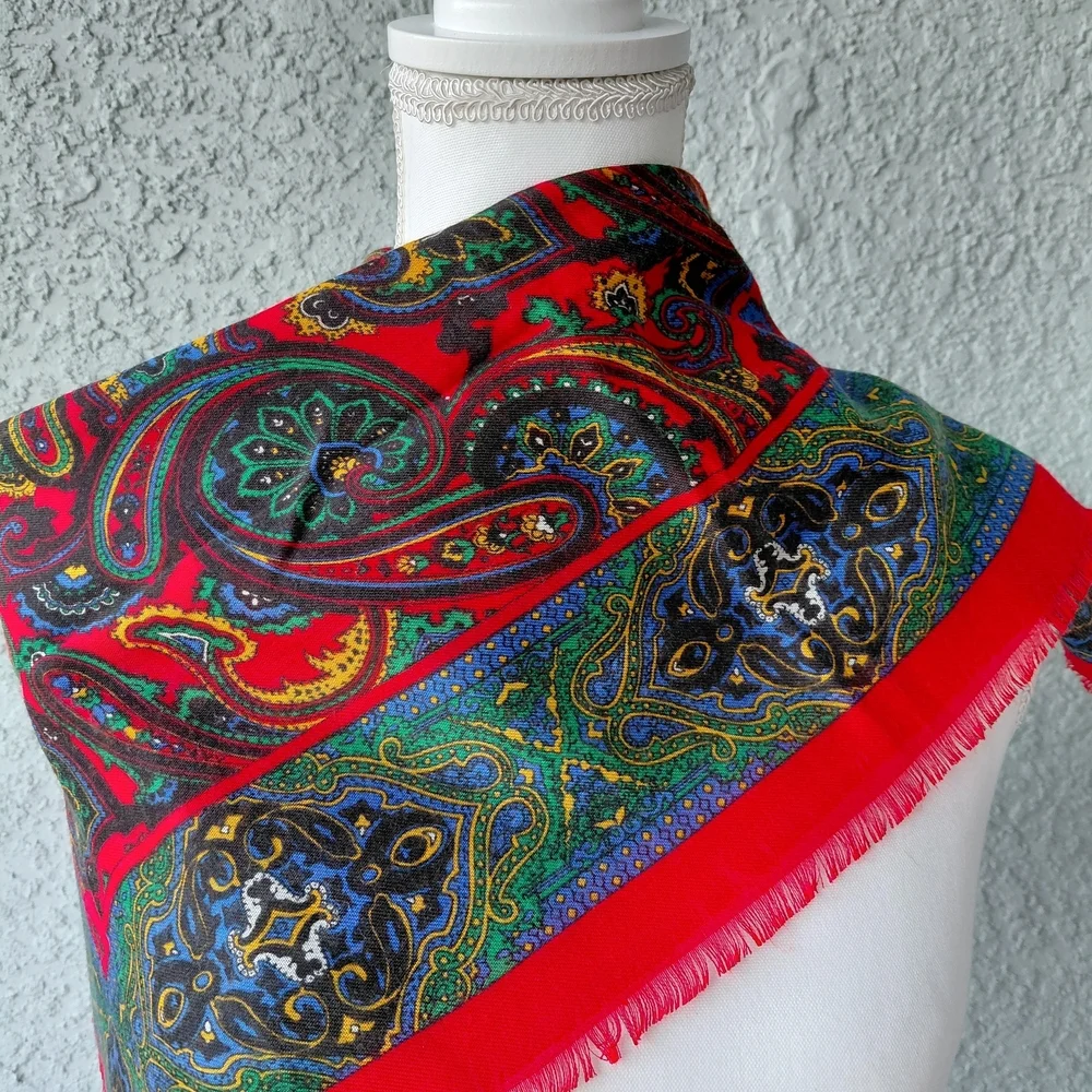 Vintage Paisley Wool Scarf Red Multicolor Boho Square 30” Lightweight Fringe